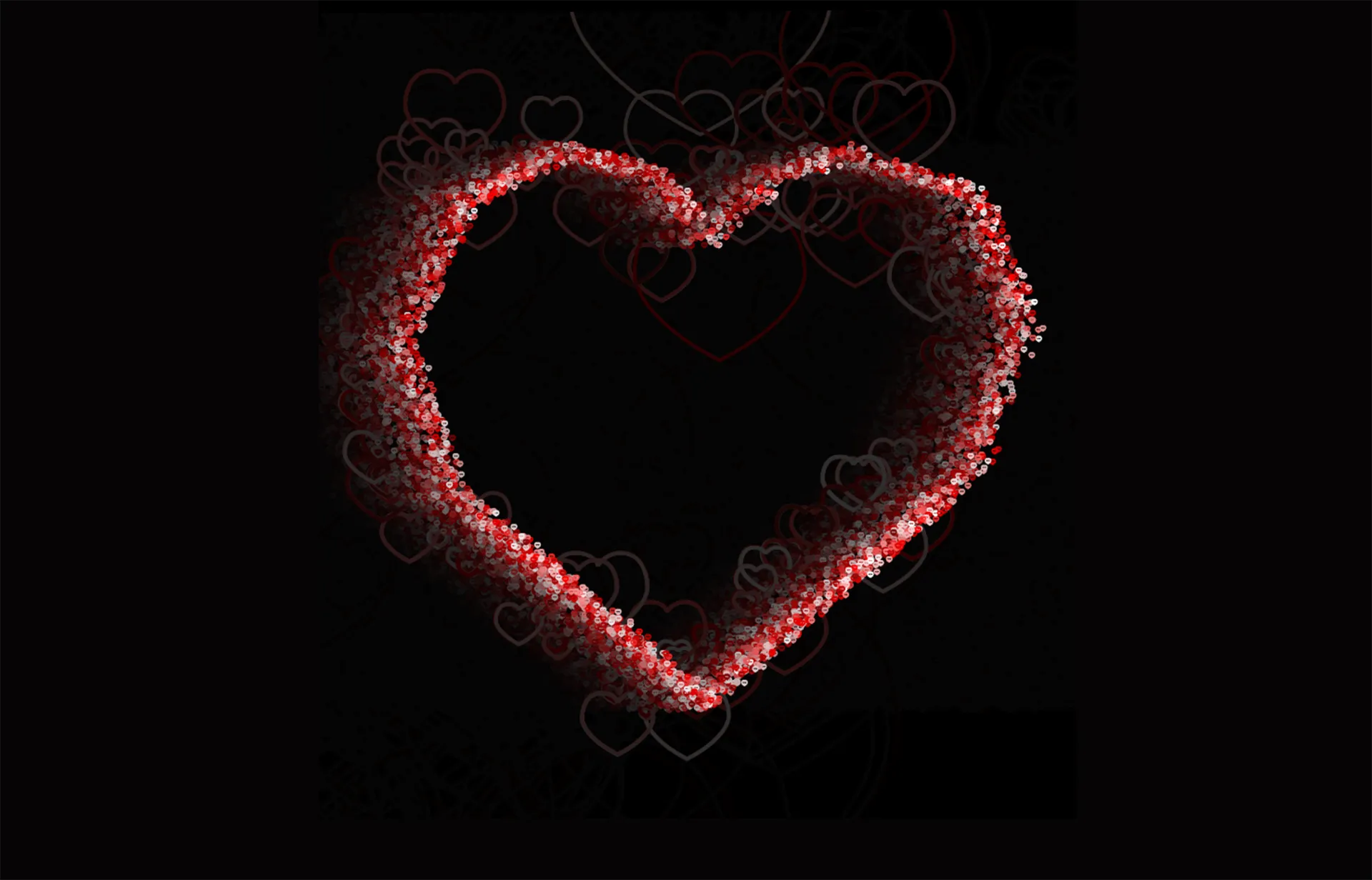 Random points are distributed along pathways in the shape of a heart. An audio input modifies the size of each point, which are themselves hearts. Leading slide image