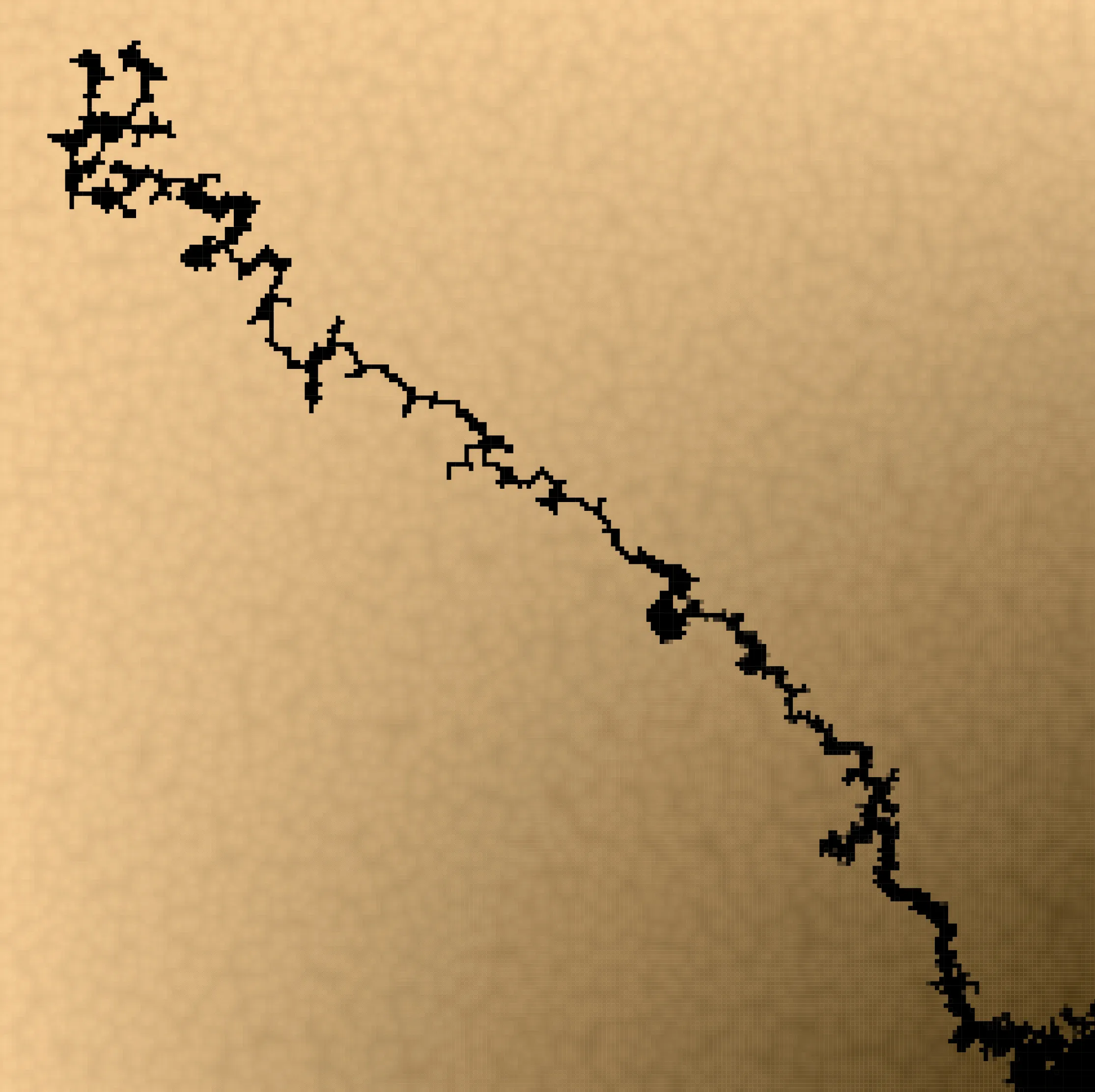 Setting the flow gradient dial to the lower right allows invasion percolation to move diagonally across the column while still following the pathways between the sand. flow direction