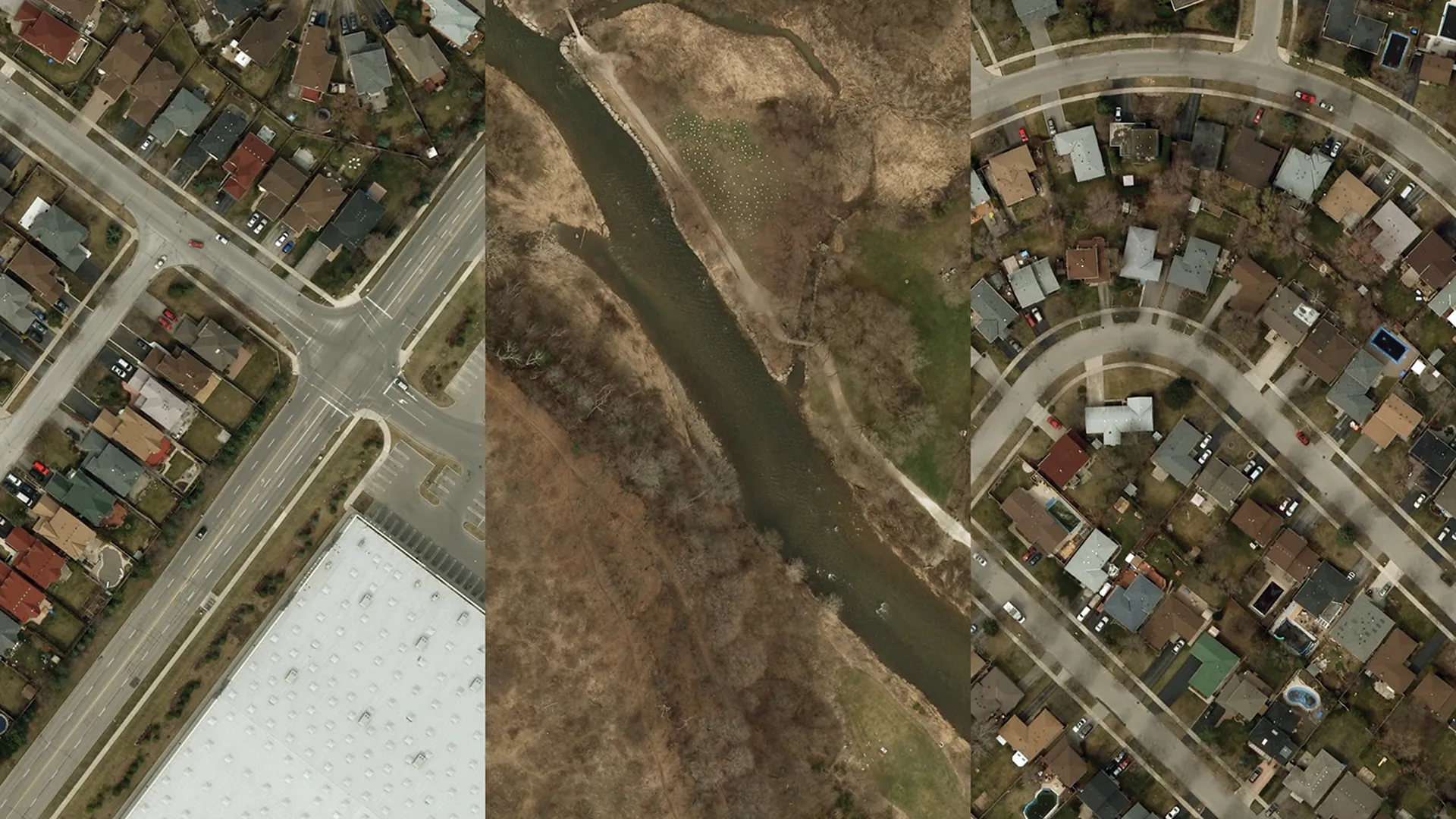 Intersection features three panels of continuously shuffling satellite imagary. Screenshot of Intersection