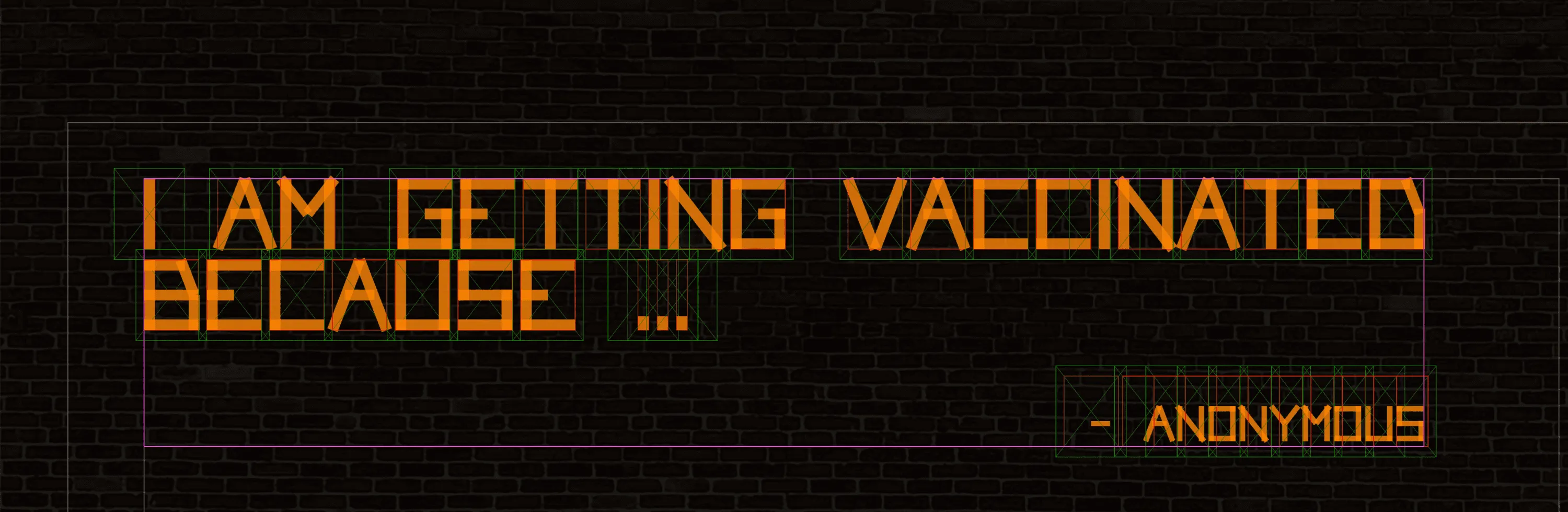 Duct-tape characters are displayed here with guidelines to ensure proper positioning. Each character sits on a stagin canvas outlined in green, with kerning size outlined in red, and the response outlined in purple. Duct-tape characters are displayed here with guidelines to ensure proper positioning. Each character sits on a stagin canvas outlined in green, with kerning size outlined in red, and the response outlined in purple.