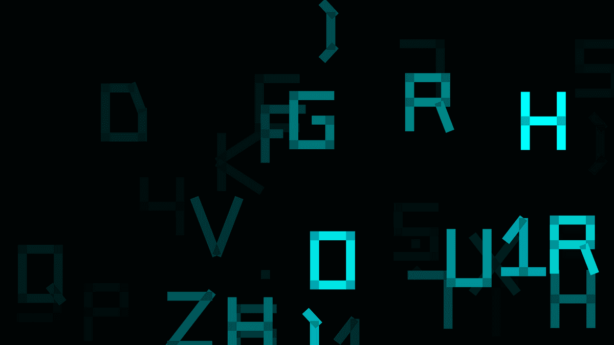 A video still from a field of randomly generated letters. You will notice there was still a serif '1' in the project at the time.